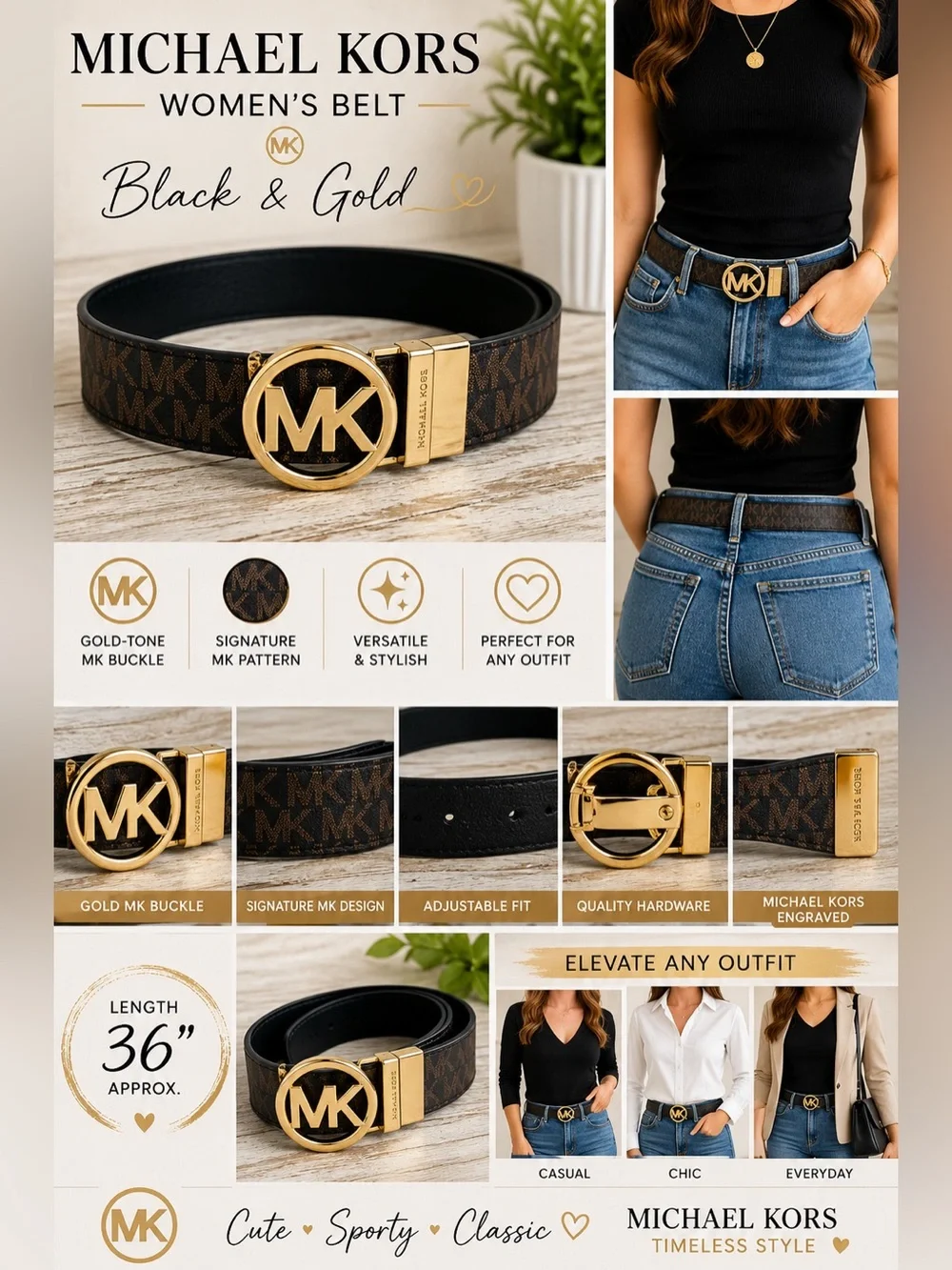 Michael Kors Black and‎ Gold Women's Belt Size Medium NEW